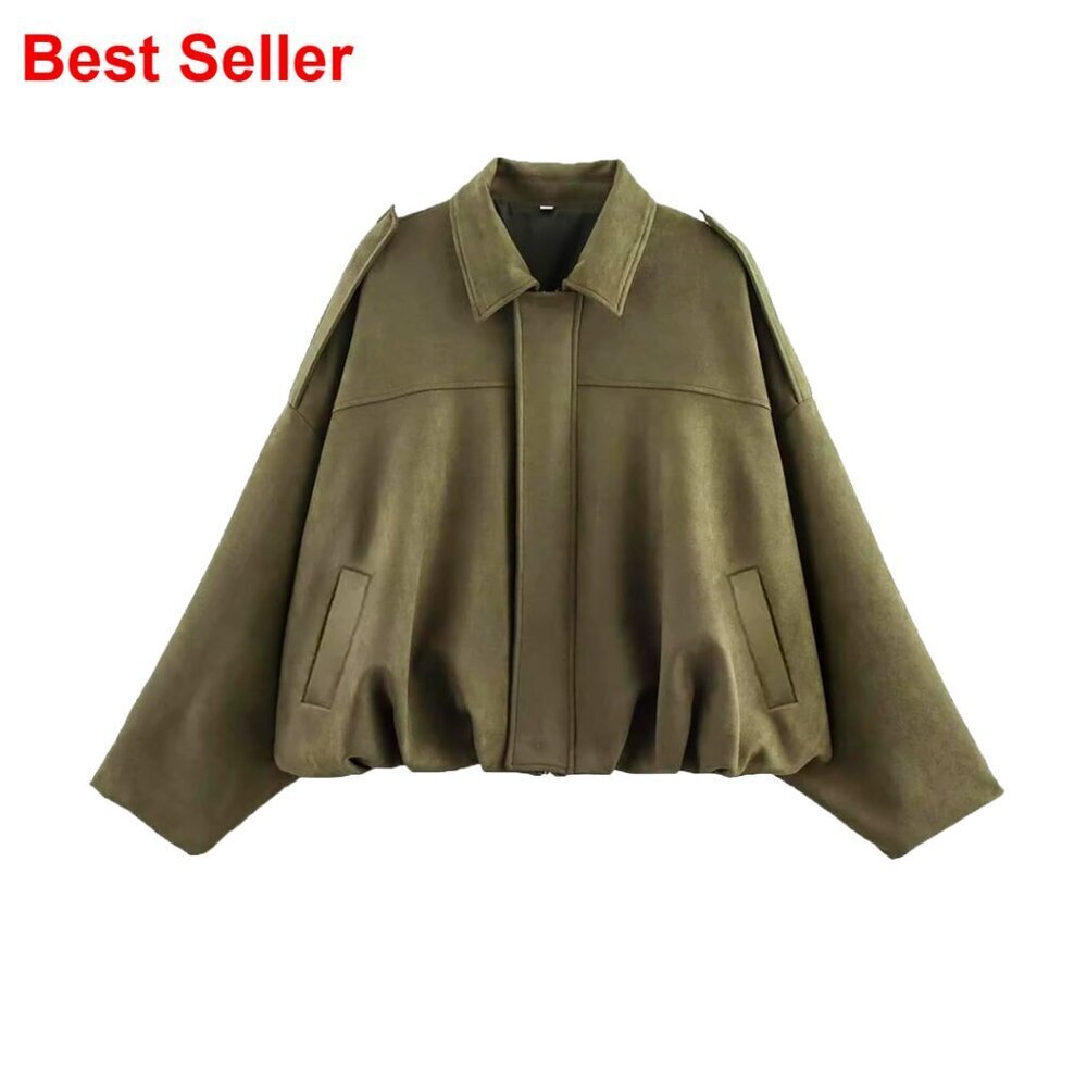 Faux Suede Bomber Jacket Oversized Cropped Lapel Pilot Coat